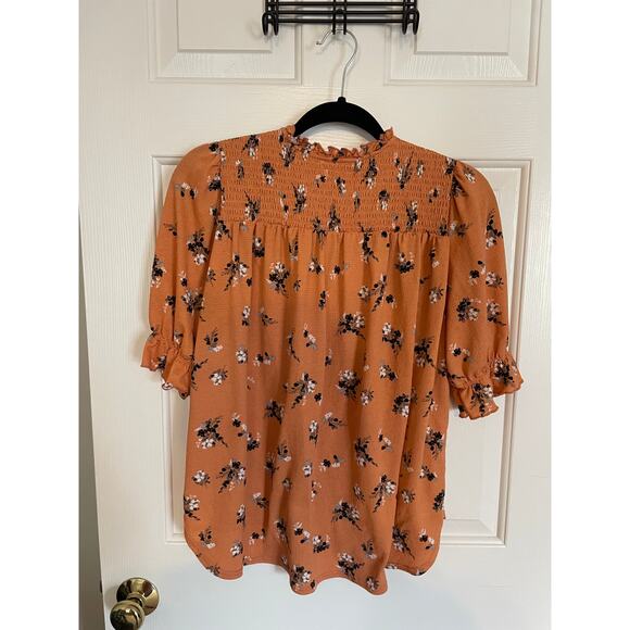 Melloday Medium Blouse Floral Ruffle Half Sleeve Style CET204681-TM Orange White - Picture 2 of 9